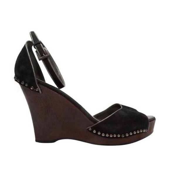 PRADA | Vintage Suede Studded Peep-Toe Wood Wedges in Black | 6 - Picture 1 of 16